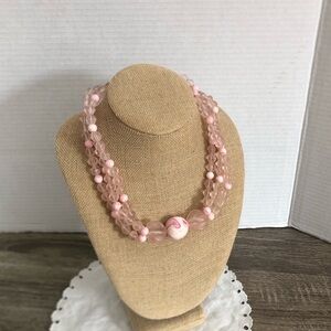 Vtg Chunky Pink Lucite Beaded Multi Strand Necklace